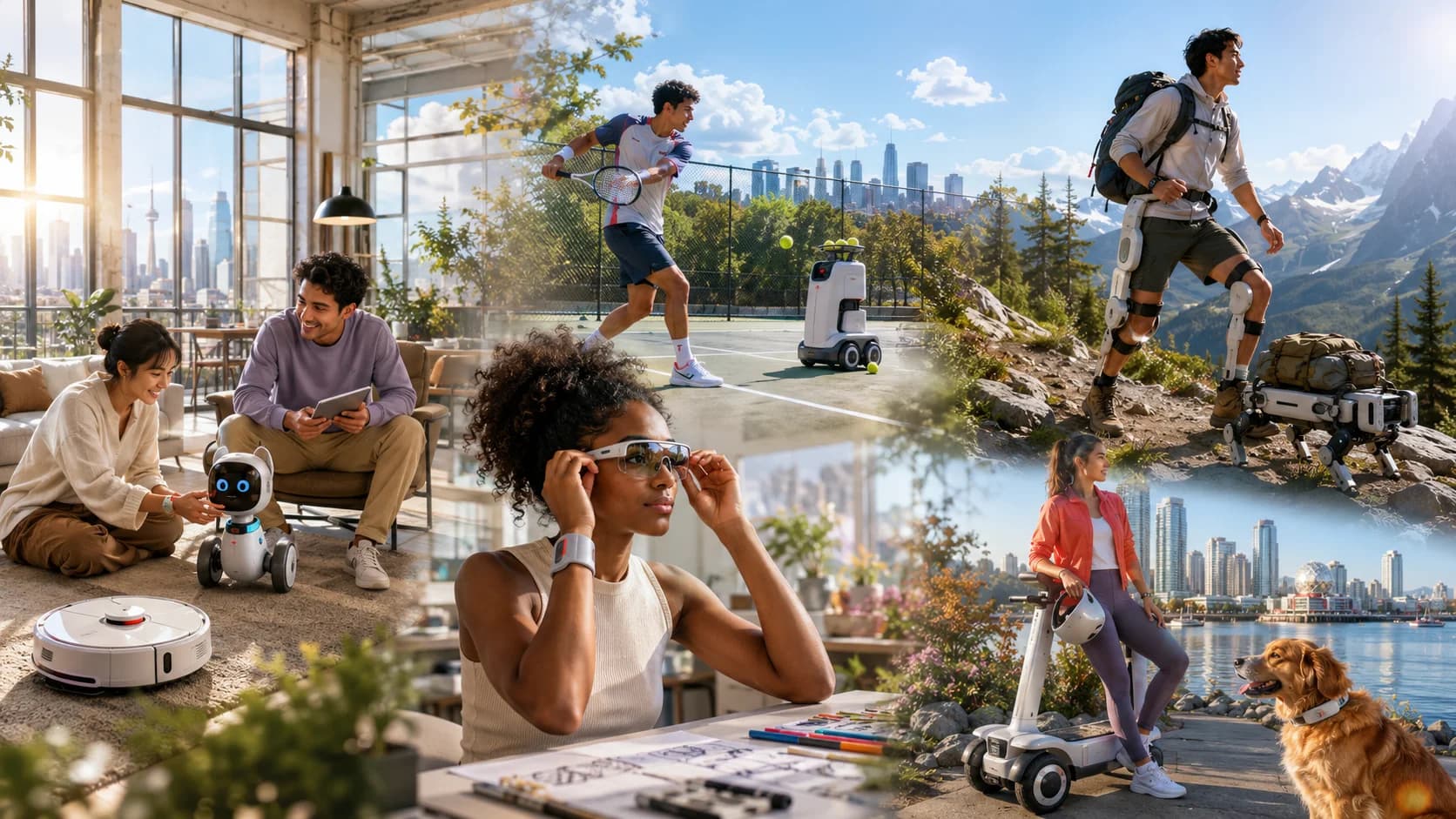 Scenes of life with consumer AI devices: a couple at home with a companion robot and robot vacuum, a tennis player beside a ball-collecting robot, a hiker climbing in a powered exoskeleton next to a robot dog carrying gear, a designer wearing AR smart glasses, and a woman on a waterfront with an electric scooter and a dog in a smart collar